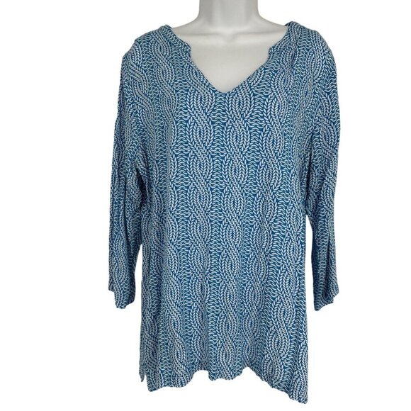 Escapada Womens Popover Top Blue Abstract 3/4 Sleeve Blouse Size L - Picture 1 of 9